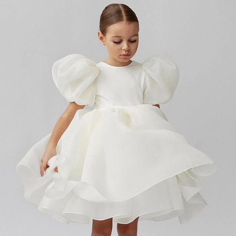 Fashion Girl White Princess Dress Tulle Puff Sleeve Wedding Party Kids Dresses for Girls Birthday Child Clothes Bridesmaid Gown 250117