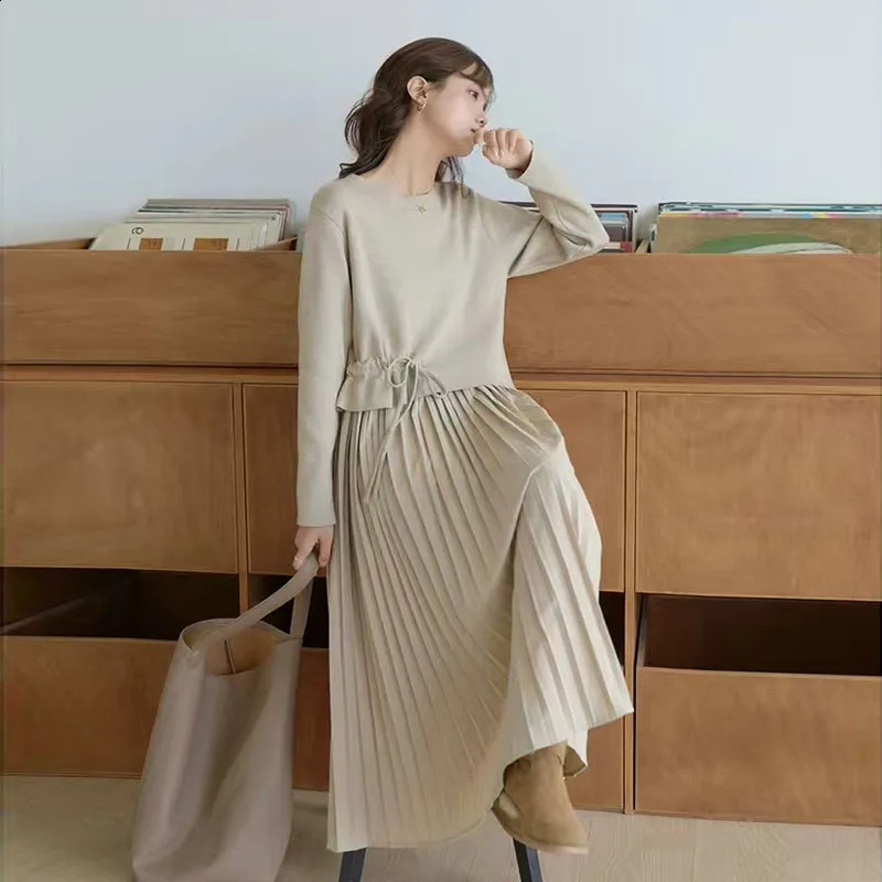 Z70430 Pregnant Dress Pleated n Layer Look Loose Women Korean Style Patchwork Pregnancy Clothes Knitted 250114