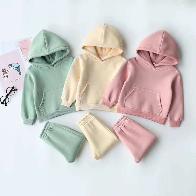 Baby Boys And Girls Hooded Sweater Jacket Autumn Winter Fleece Inner Liner Toddler Boys Girls Pullover Solid Hoodies Pant Set 250121