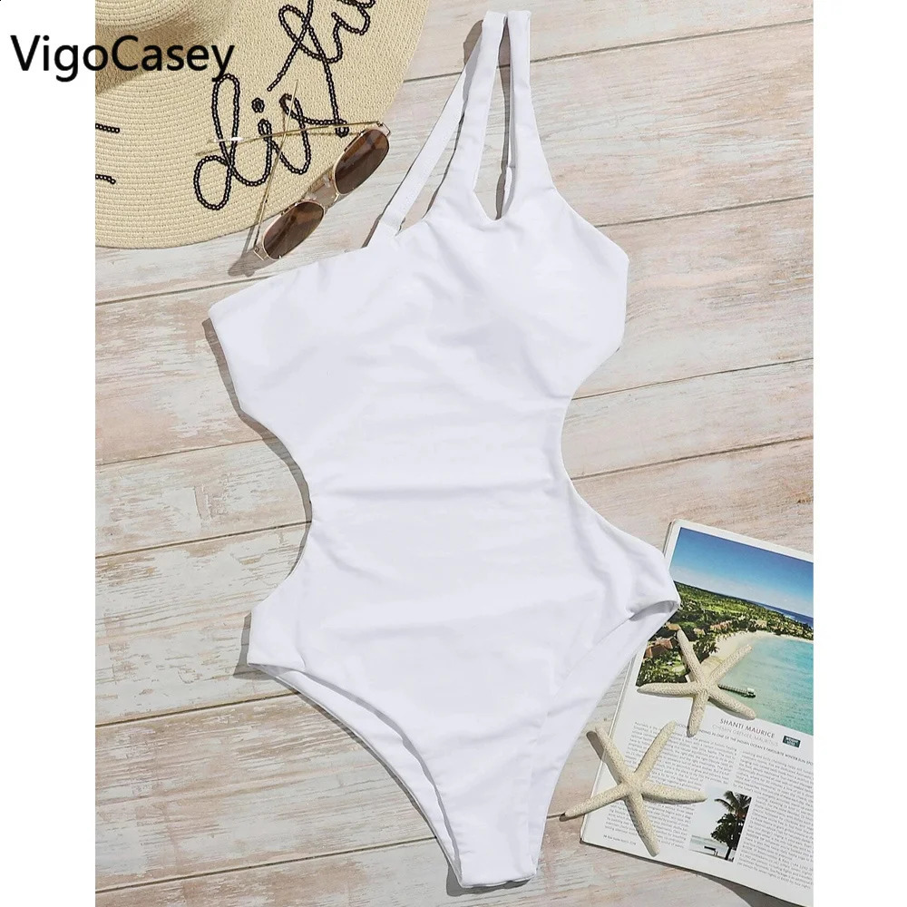 VigorCasey Solid One Shoulder Swimwear Women Sexy High Waist Hollow One Piece Swimsuit Monokini Backless Beach Bathing Suit 250117