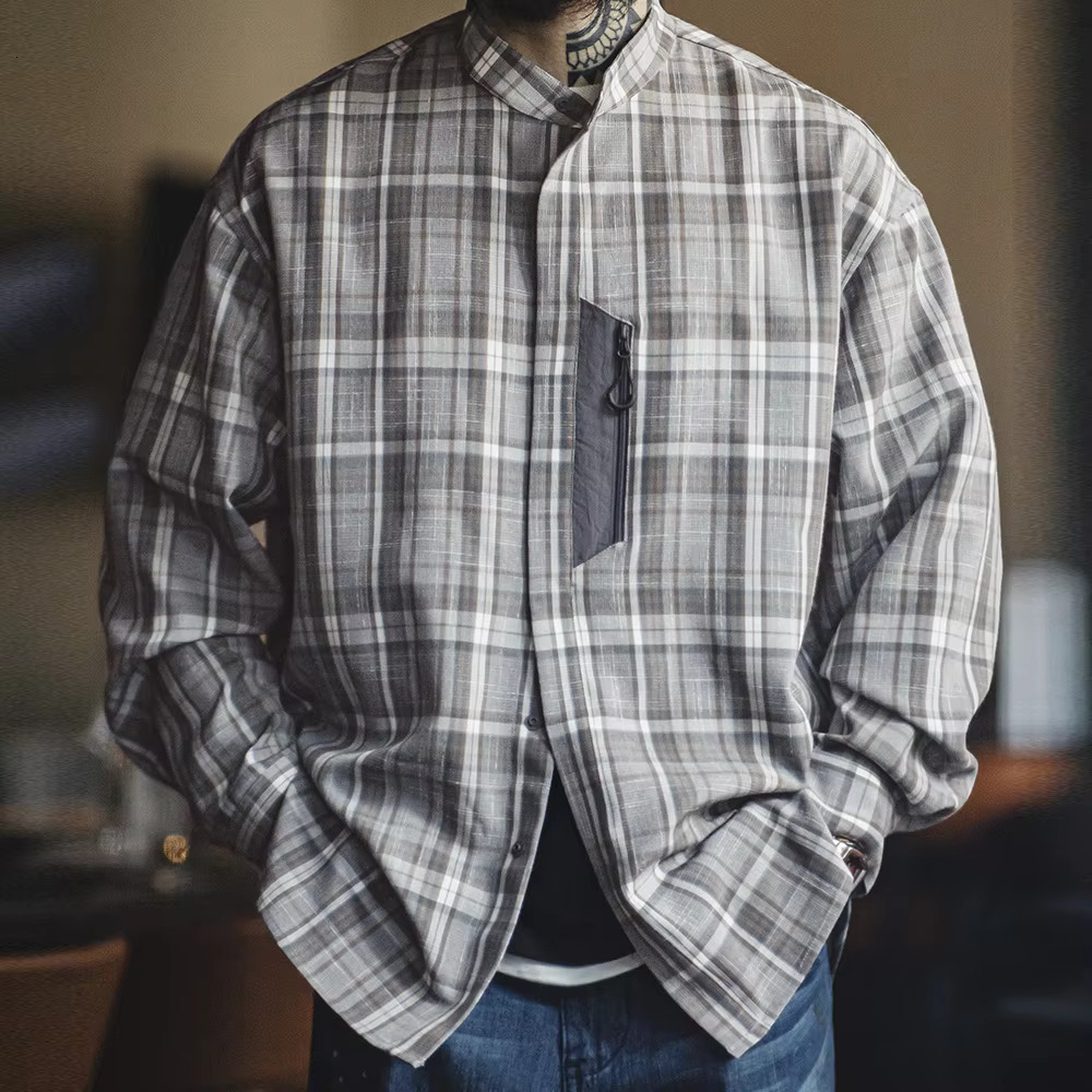 Maden Retro Stand Collar Plaid With Blended Material Casual Long-Sleeved Single-Breasted Shirt For Men's Spring And Autumn