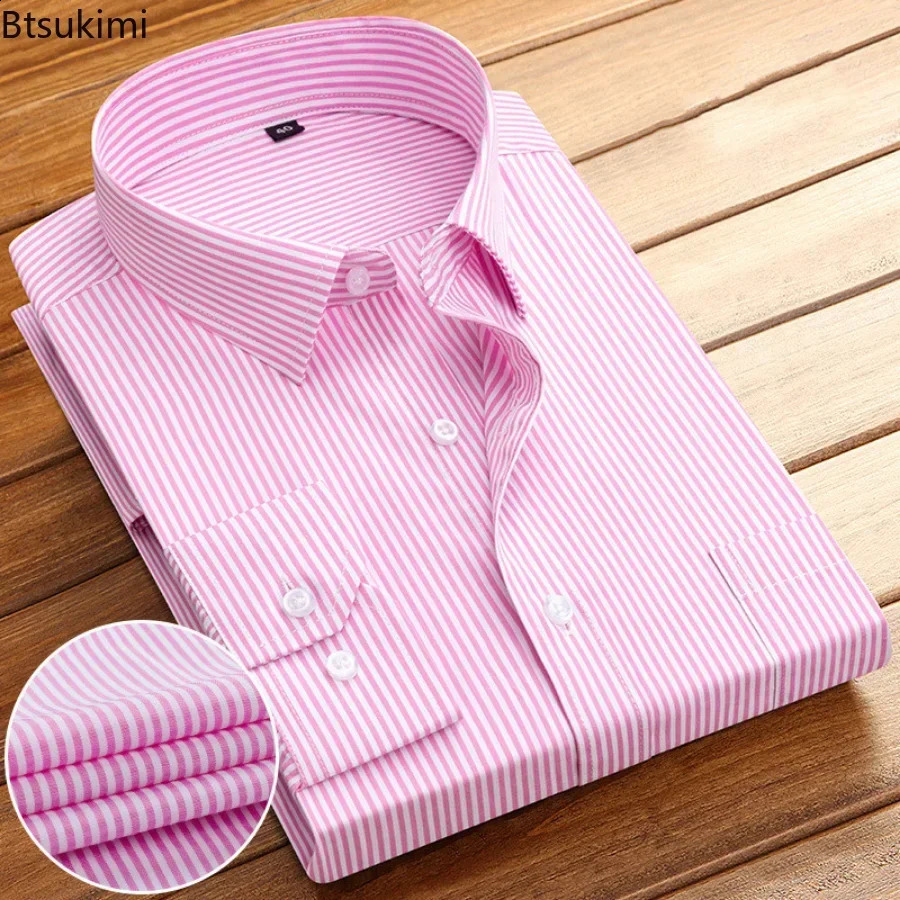 2025 Mens Long Sleeve Cotton Shirt Striped n Spring Autumn Business Formal Dress Shirts for Men Party Wedding Male 250122