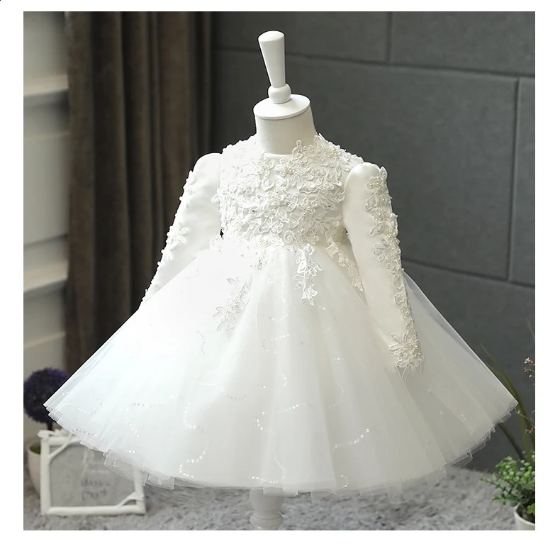 Baby Girl Wedding Dress Long Sleeve born Girls Christmas Princess Gowns Beads Lace Infant Kids 1 Year Birthday Baptism Dress 250115
