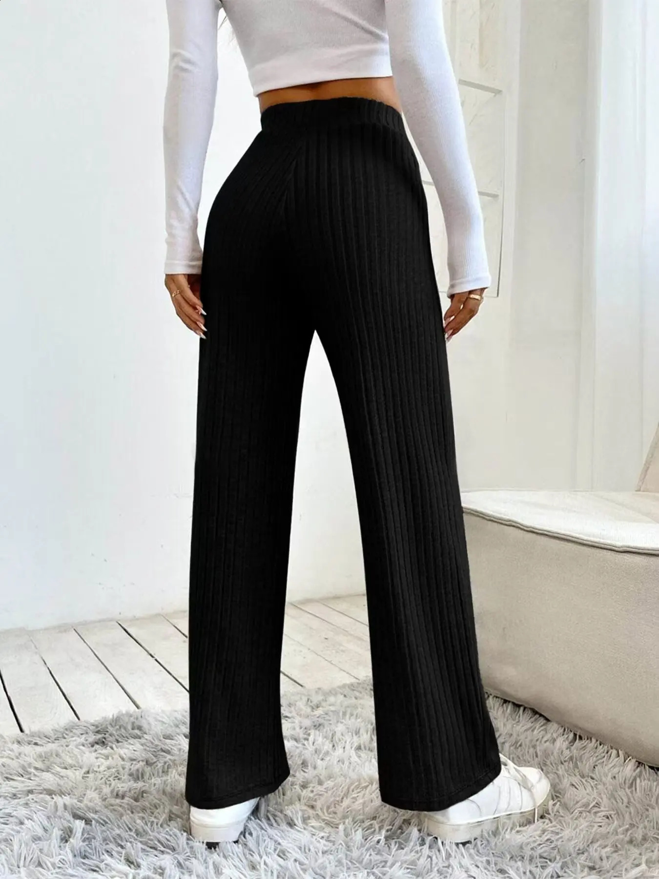 Womens Elegant Ribbed Knit Straight Pants Soft and stretchy perfect for spring autumn 250122