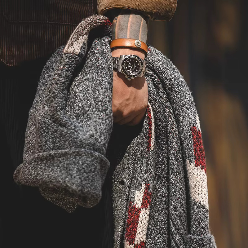 Maden Knitted Vintage Cardigan Men Sweater Indiana Thick Oversized Streetwear Geometric Trend V-Neck Christmas Knit Coats