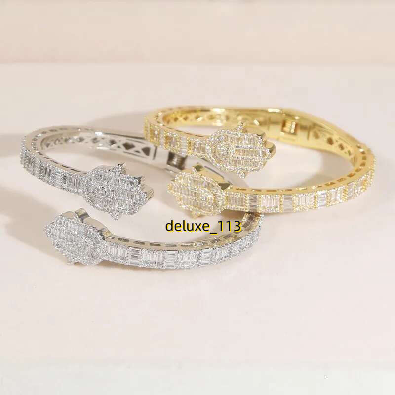 Iced Out Bg CZ Custom Opened Square Cubic Moissanite Paved Hamsa Hand Charm Bracelet Bangle Hip Hop Sparking Jewelry