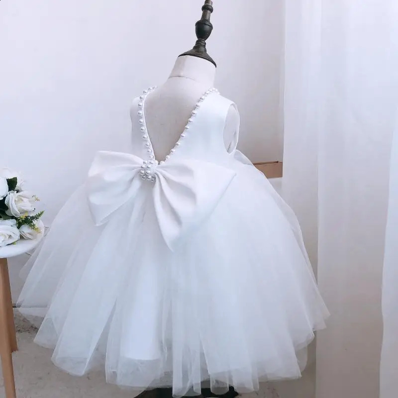 Kids Pearls Elegant Princess Dress for Girls Backless Bow Baby Girl 1st Birthday Baptism Tutu Gown Wedding Party Girls Dress 250218