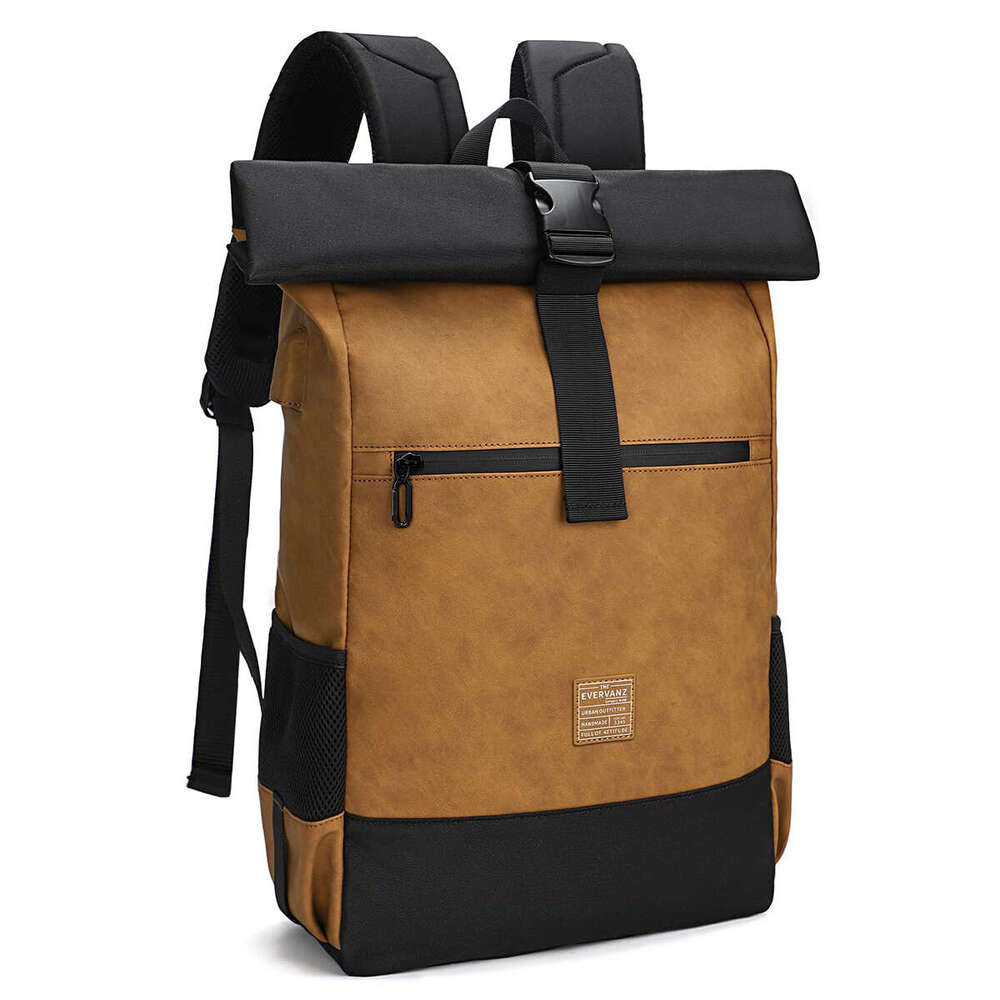 Evervanz Men Women Rolltop Leather And Polyester Laptop Backpack 17 Inches Large School Bag With USB Charging Port