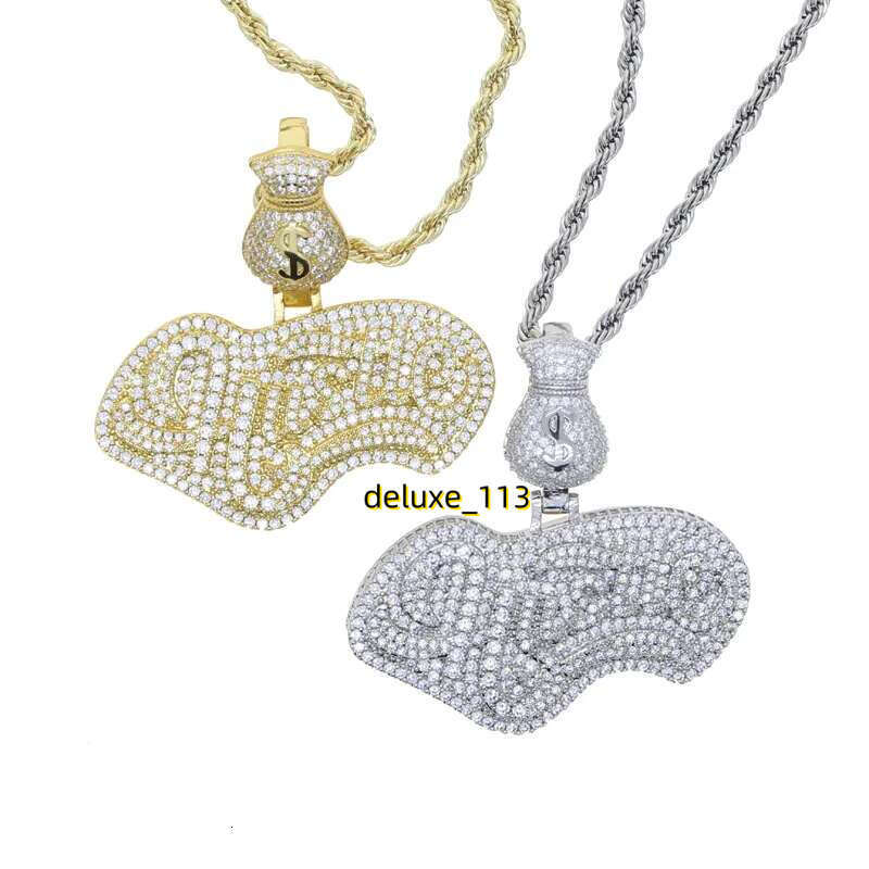 New Designer Mini Money Bag Cursive Hustle Letter Charm Pendant Necklace with Rope Chain Hip Hop Women Full Pave 5A Cubic Moissanite Men Gift Jewelry