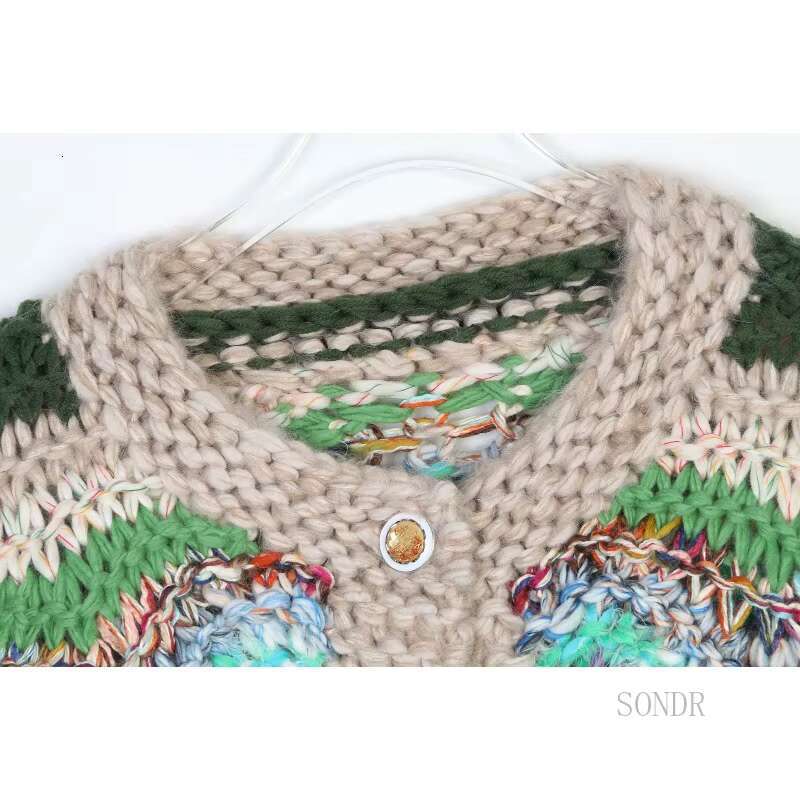 Wool Knitted Cardigan For Women, Hand Hook Striped Cardigan, Crew Neck, Long Sleeve Sweater, Fashion Coat, Autumn And Winter