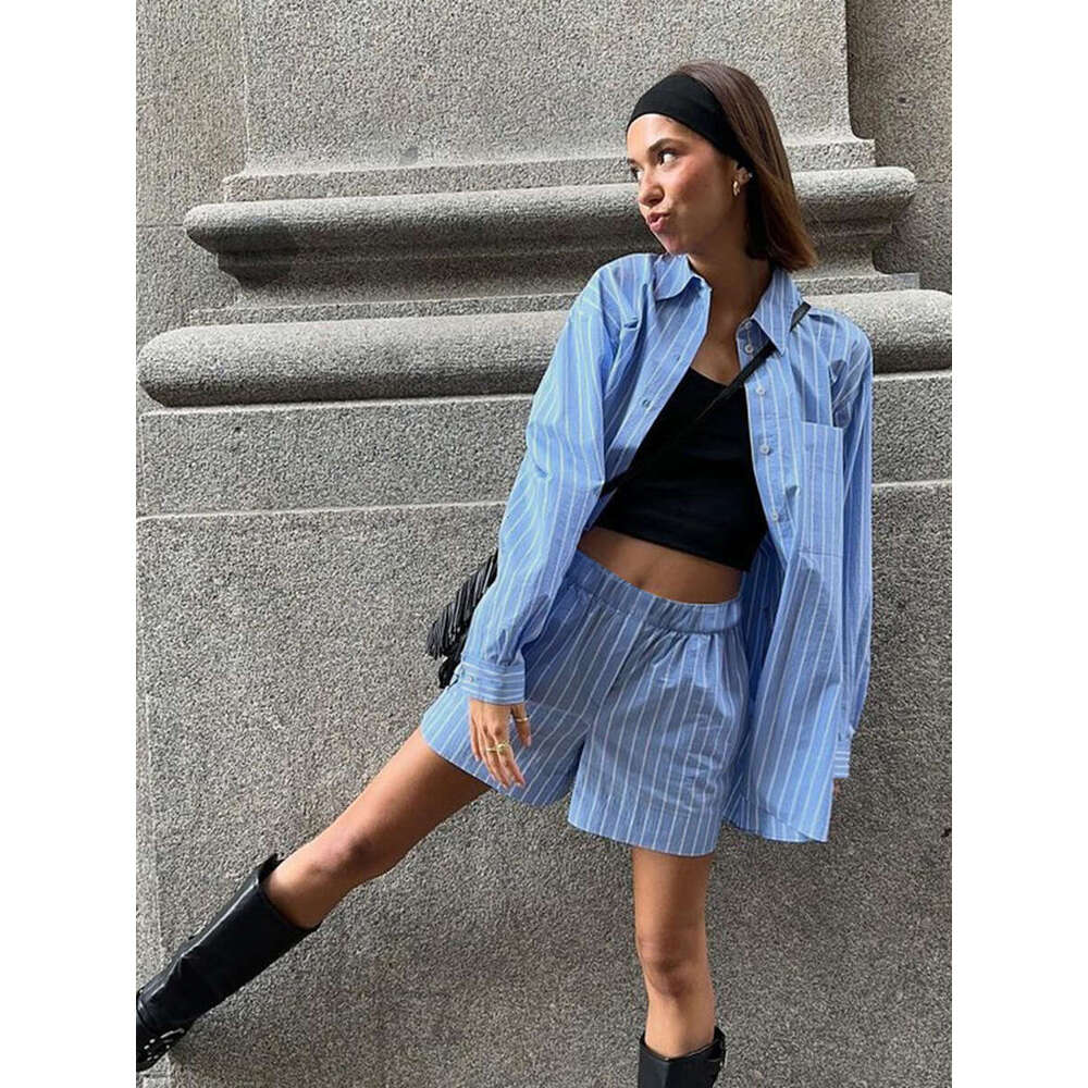 Blue Pocket Striped Shorts Sets Women Single Breasted Long Sleeve Blouse+Elastic Waist Casual Short Pant 2 Piece Set 2025 Spring