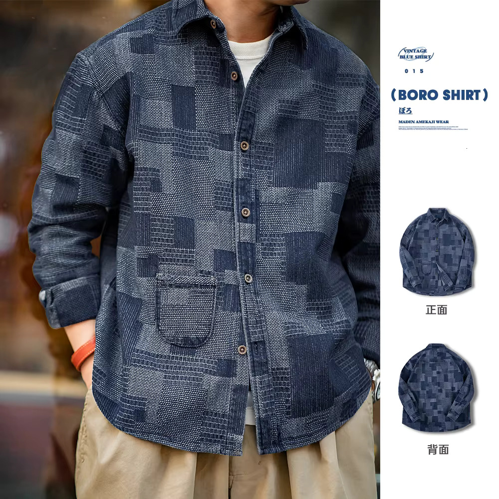 Maden Retro Boro Cloth Denim Shirts With Lapel Collar Patchwork Design Long-Sleeved Shirt For Men's Spring And Autumn Tops