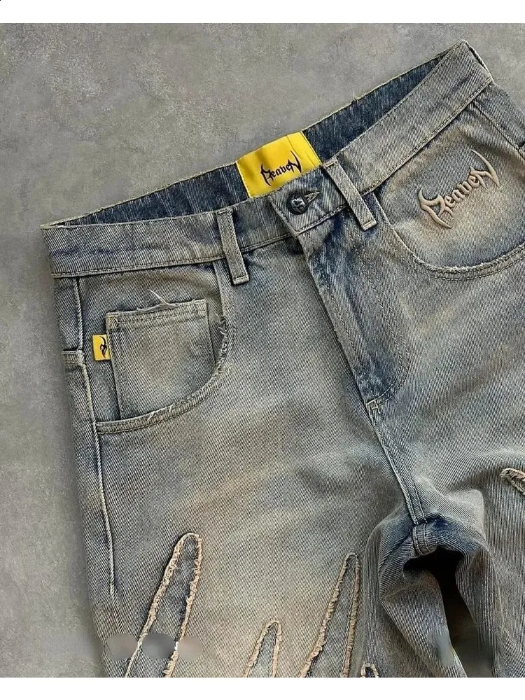 Y2K Harajuku Hip Hop Patch Heavy Industry Luggage Jeans Street Fashion Retro Gothic Casual Wide Leg Mens Wear 250117