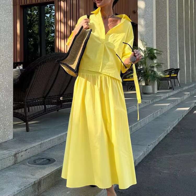 Solid Pocket Blouse Two-Piece Set Women Single Breasted Short Sleeve Blouse+Elastic Waist Long Elegant Casual Skirts Sets