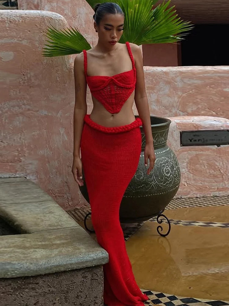Knitted Bra Corset Skirts Sets Women Twist Hollow Out Strap Backless Crop Top Split Skirt Suits Female 2 Pieces Vacation Seaside 250118