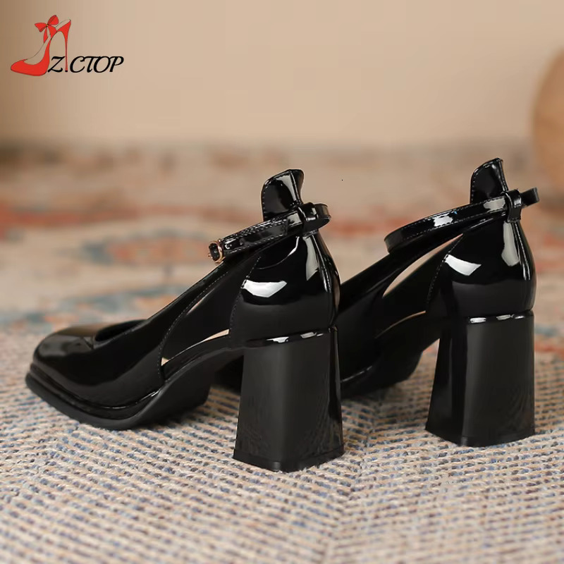 Black Ankle Strap High Heels Women Pumps Summer Fashion Chunky Heeled Mary Jane Closed Toe Sandals Ladies Beige Party Shoes