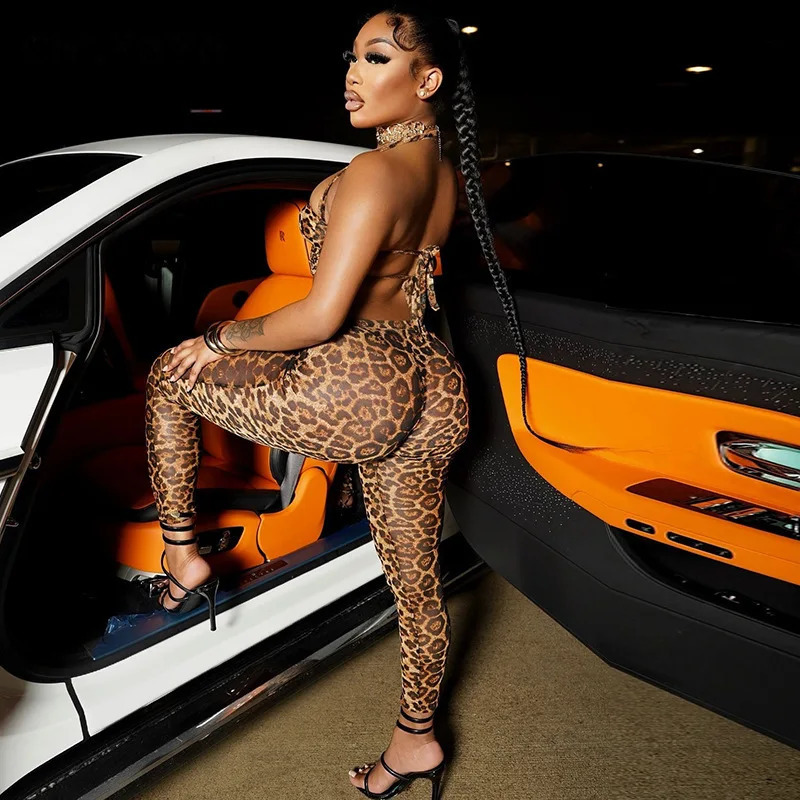 CM.YAYA Streetwear Womens Set Leopard Print Strapless Halter Top Pant Tracksuits Party Sexy Slim Two 2-Piece Set Outfits 250122