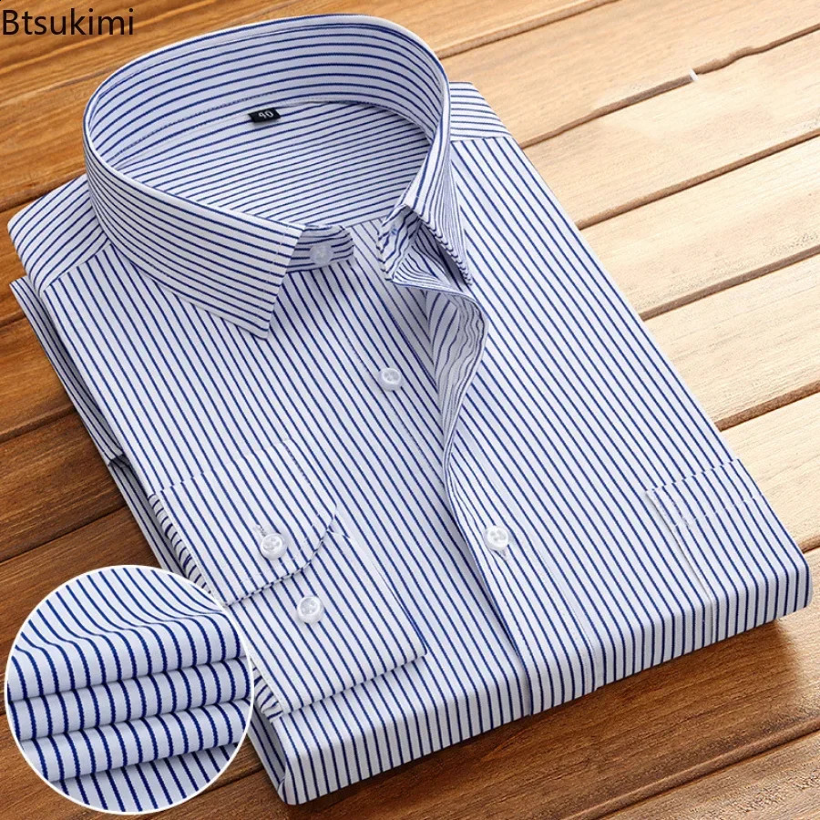 2025 Mens Long Sleeve Cotton Shirt Striped n Spring Autumn Business Formal Dress Shirts for Men Party Wedding Male 250122