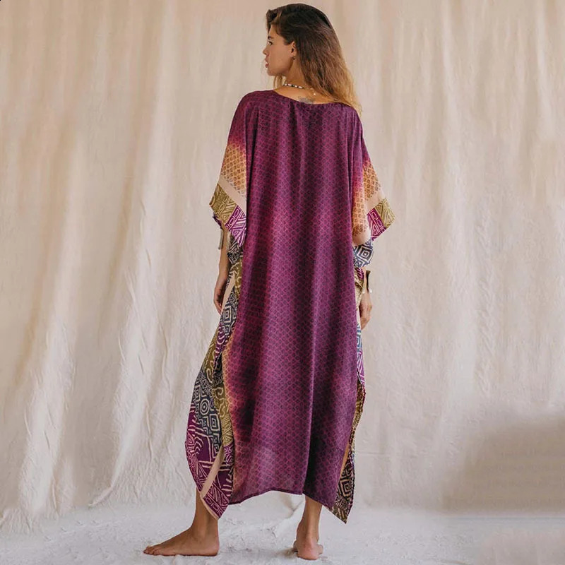 Plus Size Boho Cover Up Womens Tie Dye Heart Pattern Batwing Sleeve V Neck Maxi Beach 250122