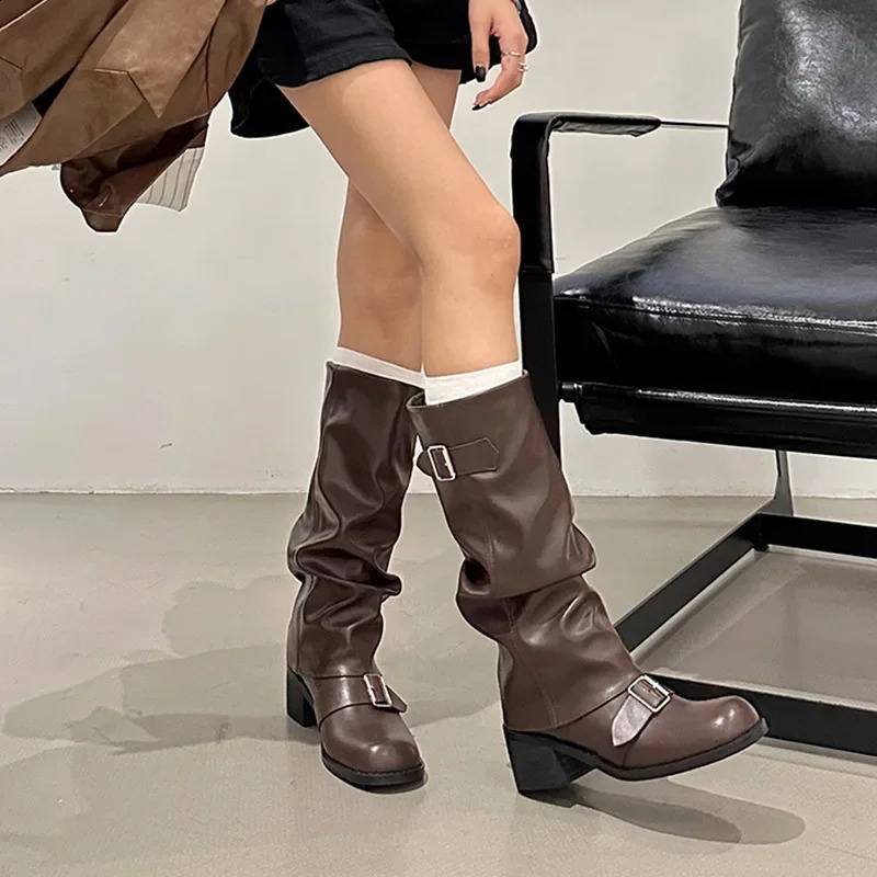 Pleated Buckle Knight Boots for Women Autumn Brown PU Leather Mid Calf Woman SlipOn Thick Heel Riding 250117