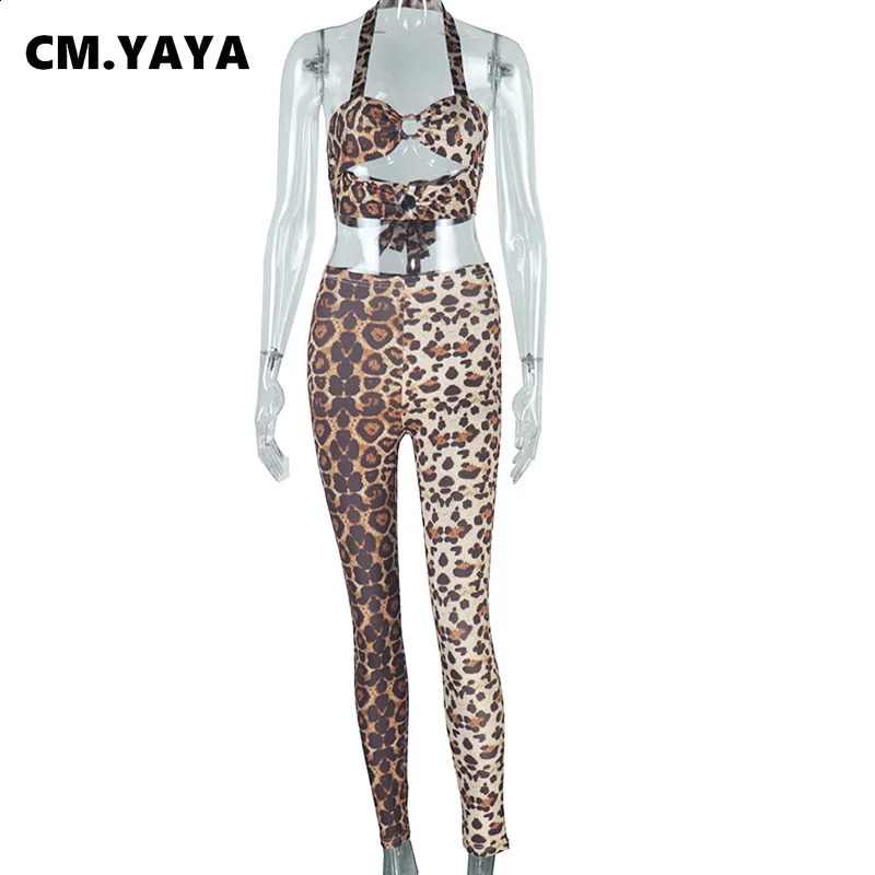 CM.YAYA Streetwear Womens Set Leopard Print Strapless Halter Top Pant Tracksuits Party Sexy Slim Two 2-Piece Set Outfits 250122