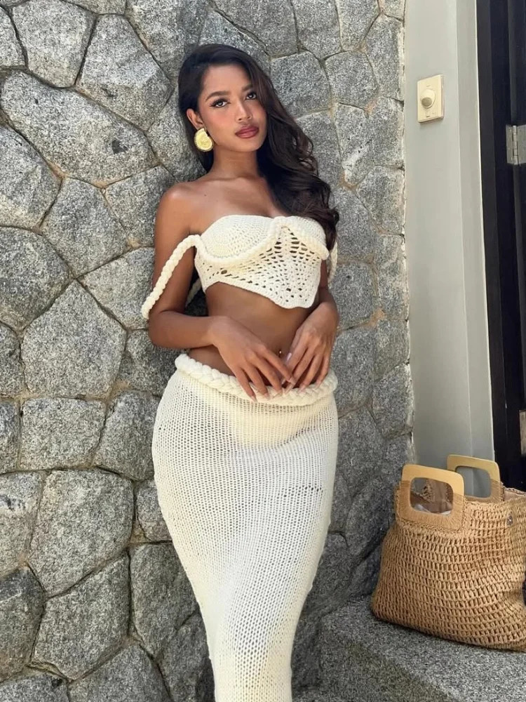 Knitted Bra Corset Skirts Sets Women Twist Hollow Out Strap Backless Crop Top Split Skirt Suits Female 2 Pieces Vacation Seaside 250118