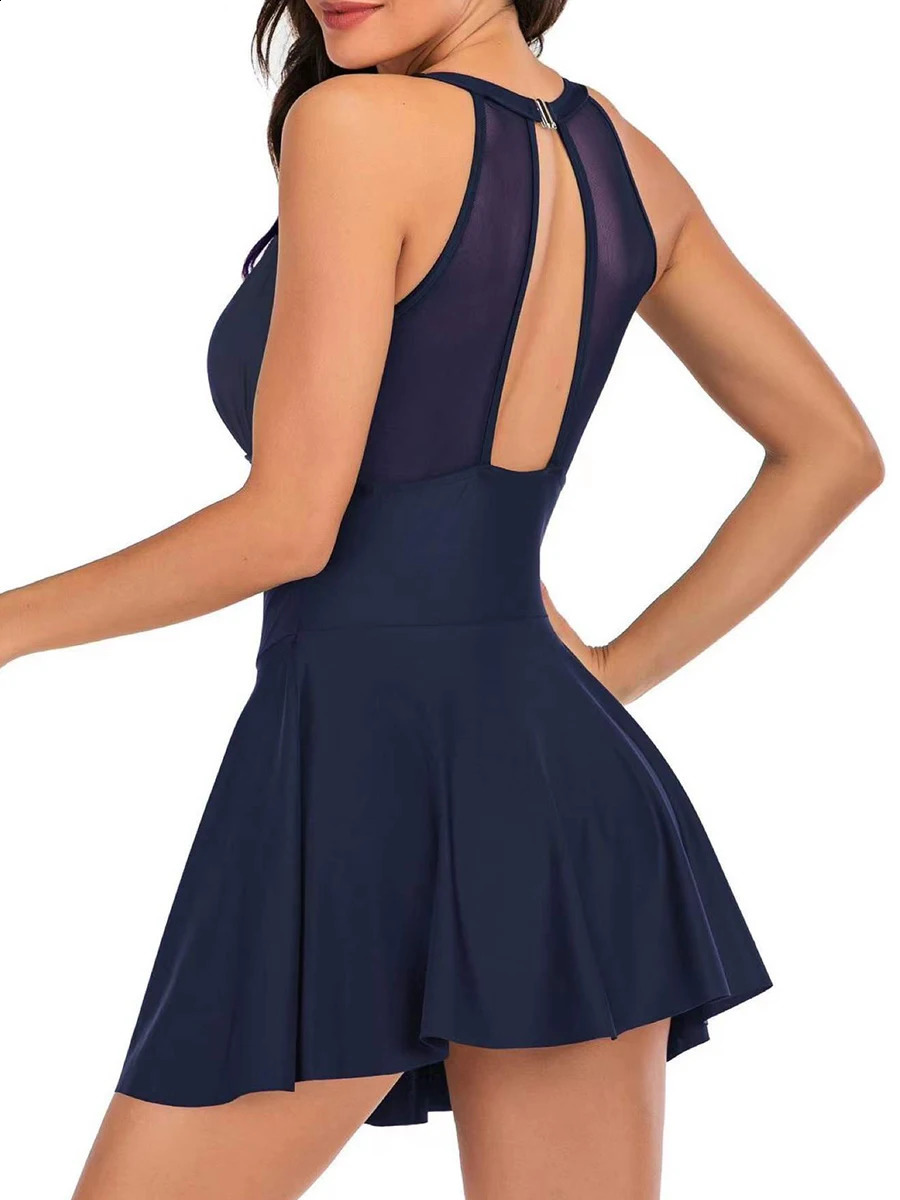 Solid Tankini Two Pieces Swimsuit Women High Neck Mesh Swimwear Female Bathers Bathing Swimming Swim Suit Beachwear Summer 250122