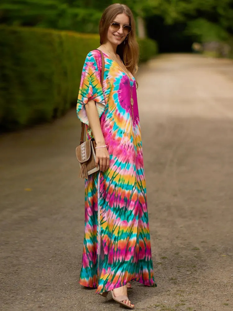 2024 Boho print bikini top sexy batwing sleeve long skirt Morocco Kafotan womens beach wear swimsuit Q1450 250122