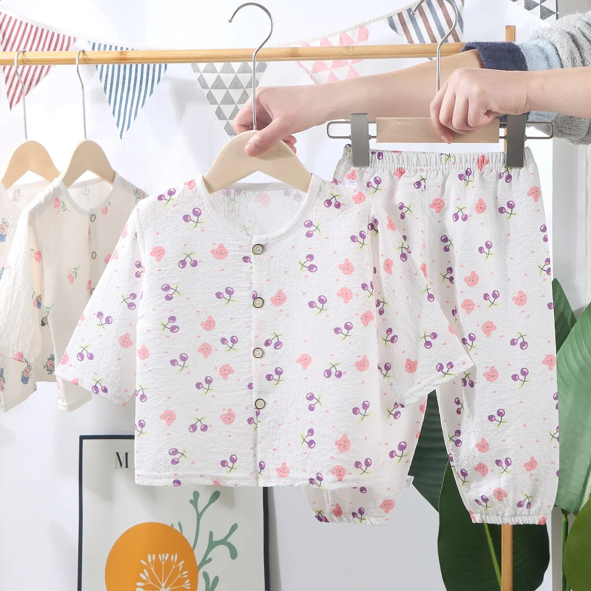 Kids Summer Thin Pajamas Sets Boys Girls Cartoon Long Sleeve Cotton Yarn Shirt Top Pants Toddler Baby Loungewear 250121