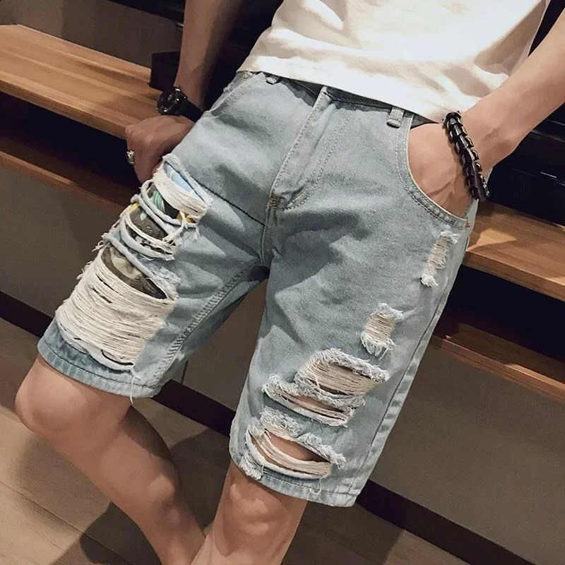 Male Denim Shorts Ripped with Text Mens Short Jeans Pants Multi Color Sale Retro Streetwear Stretch Jorts Vintage Xl Harajuku 250113