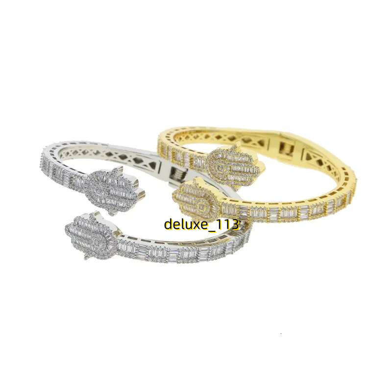 Iced Out Bg CZ Custom Opened Square Cubic Moissanite Paved Hamsa Hand Charm Bracelet Bangle Hip Hop Sparking Jewelry