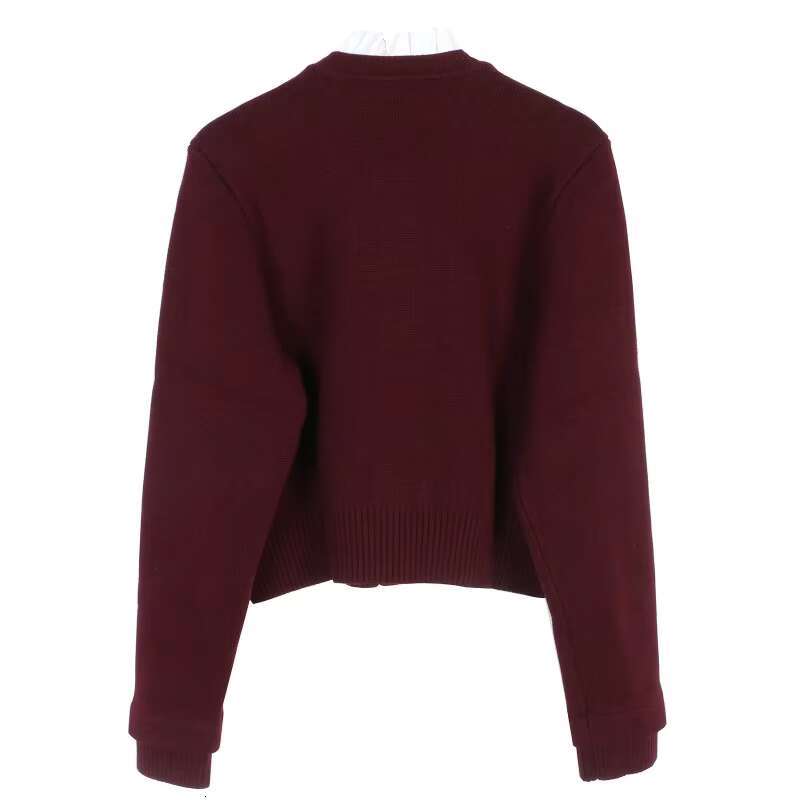 Wine Red Knitted With Contrast Collar 2025 Autumn Short Sweater Coat Women Fashion Bury Cropped Cardigan Thick Tops