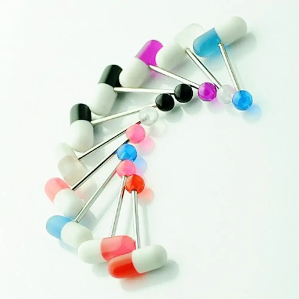 10pcslot Colorful Capsule Tongue Rings Acrylic Pill Piercing Steel Punk Body Jewelry Decor Gifts 250110