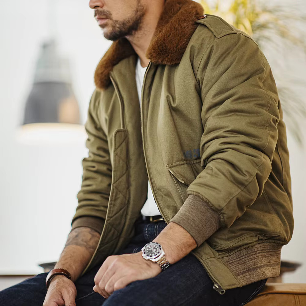 Maden Vintage B10 Bomber Zippered Flight Coat With Fur Collar Lapel Pockets Green Cotton Jacket For Men's Winter