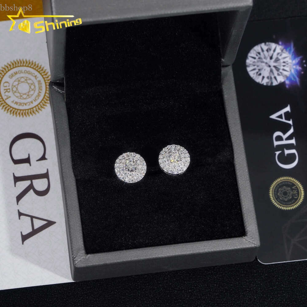Pass Dia Tester Sterg Sier Round Cluster Iced Out Mens Moissanite Stud Earrings