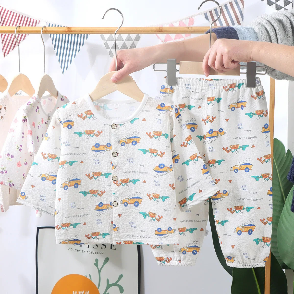 Kids Summer Thin Pajamas Sets Boys Girls Cartoon Long Sleeve Cotton Yarn Shirt Top Pants Toddler Baby Loungewear 250121
