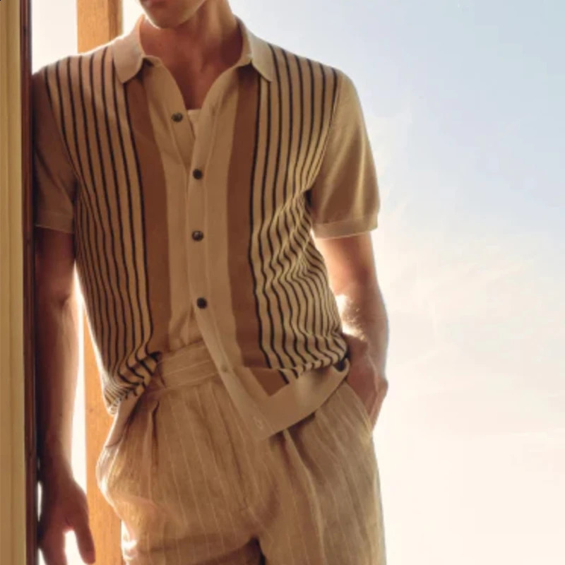 Summer Mens Lightweight Striped Knitted Polo Shirt Short Sleeve Casual Button Retro Fashion Trendy Knitted 250118