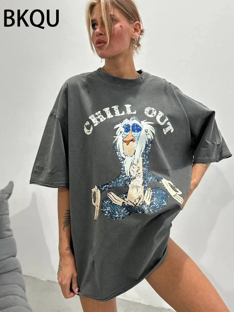 BKQU Cartoon Graphic Printed T Shirt Women Ripped Half Sleeve O-neck Tee Shirts Letter Loose Oversized y2k Pullovers Streetwear 250118
