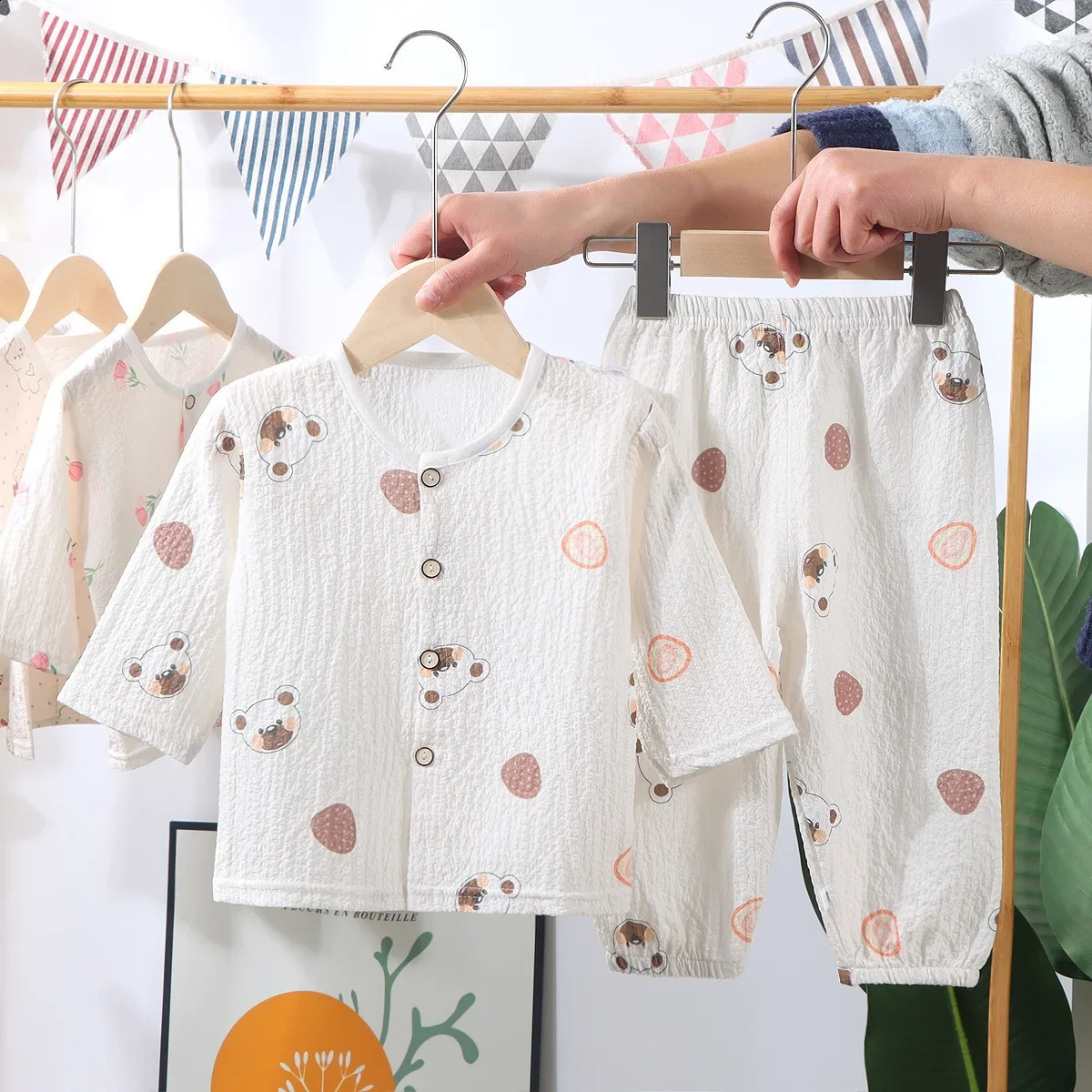 Kids Summer Thin Pajamas Sets Boys Girls Cartoon Long Sleeve Cotton Yarn Shirt Top Pants Toddler Baby Loungewear 250121