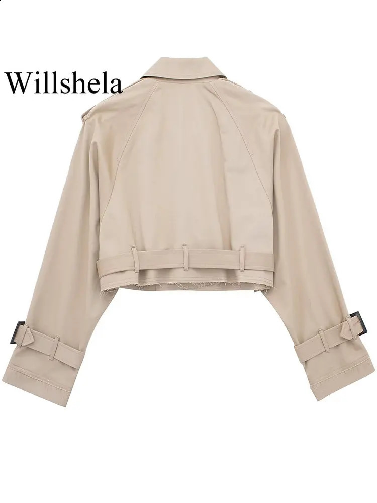 Willshela Women Fashion With Belt Cropped Trench Jacket Vintage Notched Neck Long Sleeve Female Chic Lady Coat Outfits 250118