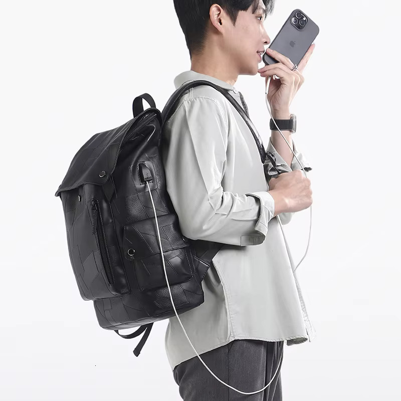 New Fashion Patchwork Leather Backpacks Waterproof Sports Travel Backpack For Men 15 Inch Laptop Bag USB Mochilas Para Hombre