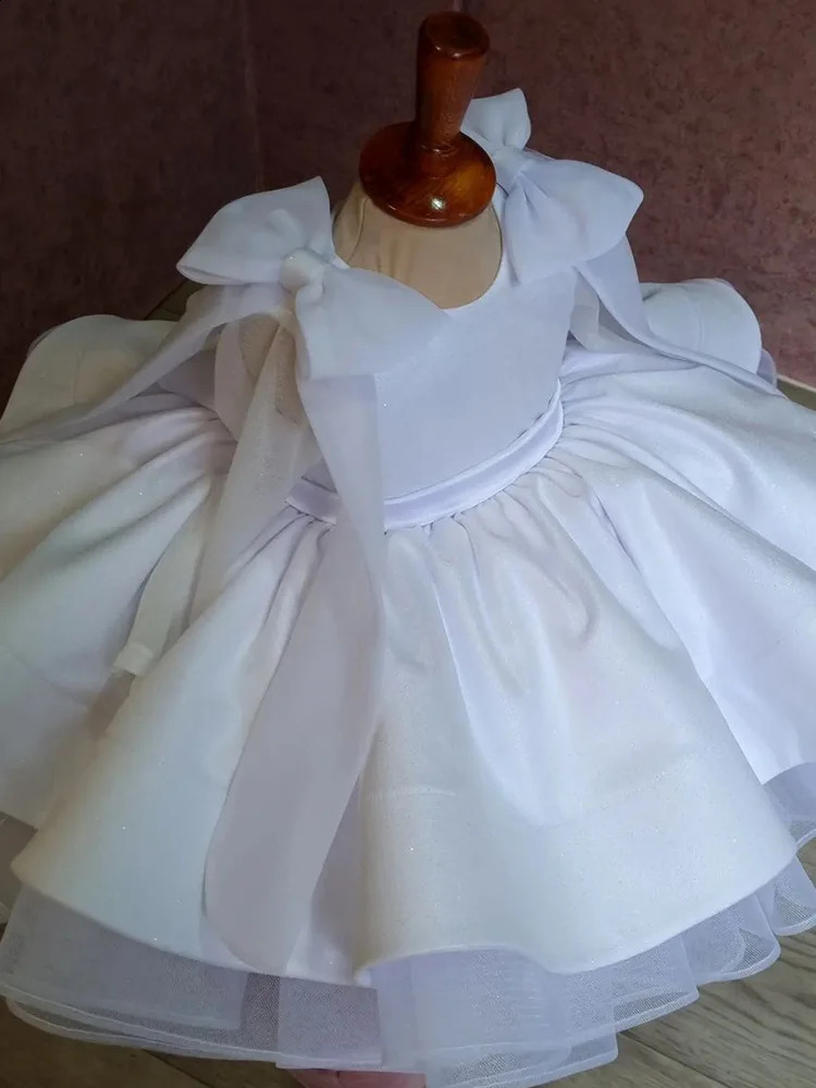 White Flower Girl Dress For Wedding Knee Length Long Sleeves Princess Kids Birthday Party First Holy Communion Baby Ball Gown 250115