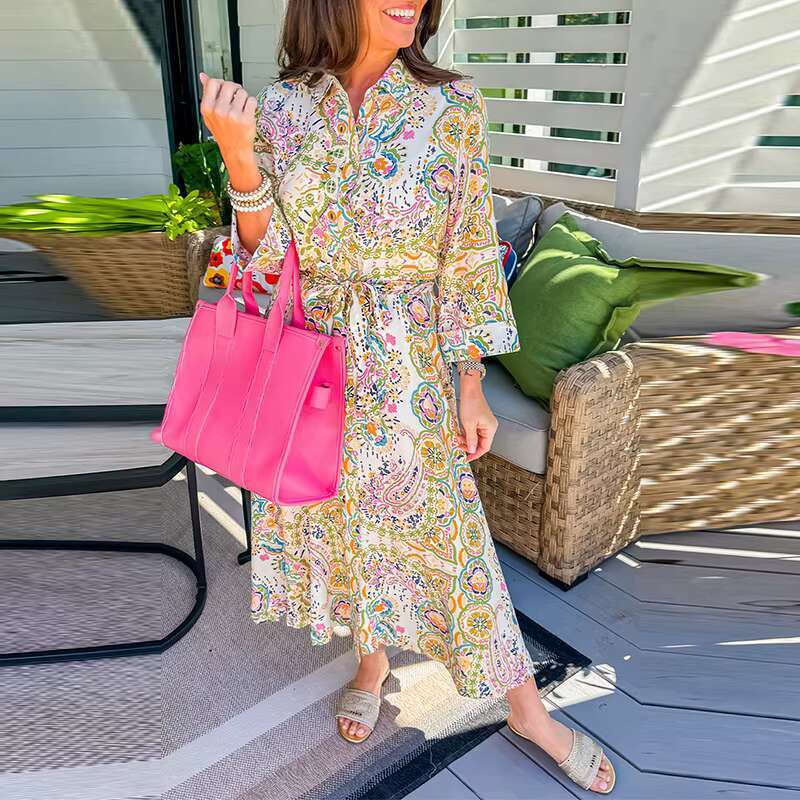 Boho Maxi Flare Sleeve Printing Dress 100% Viscose Ral Holiday Dresses Mujer Vestidos Loose Vacation Robes
