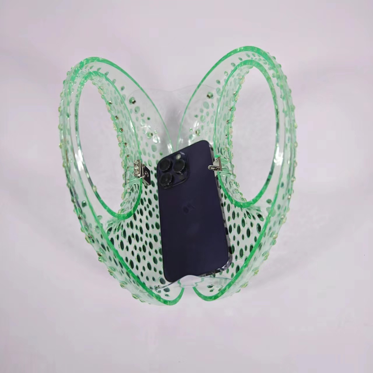 Ladies' Shiny Transparent Acrylic Box Bag With Studded Water Diamond Crescent Shaped Handbag For Dinner Party