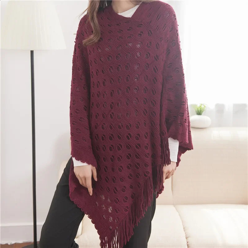 Spring Autumn Double-layer Irregular Shawl Hollowed Out Tassel Lattice Cloak Versatile Loose Pullover Poncho Black 250121