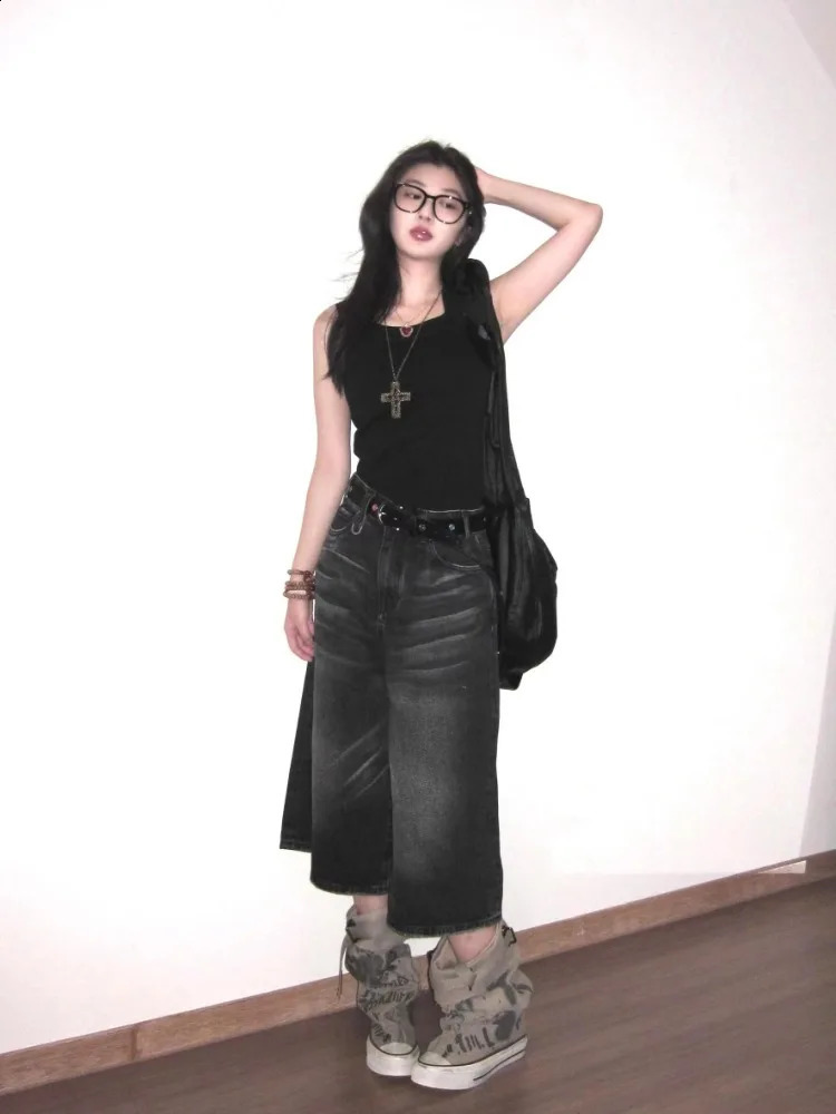 Retro Y2k Baggy Jorts Women Men Whiskers Black Jeans Low Waist Casual Wide Pants Frayed Denim Shorts 250122