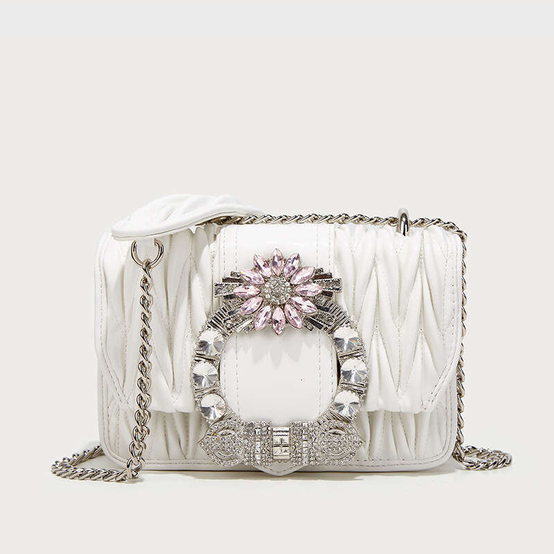 Fashion Pleated Textured Leather Square Women Handbag Lady Purse Crystal Shiny Dias Shoulder Underarm Crossbody Bag