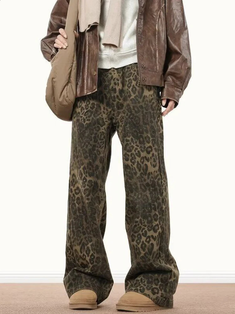 Y2k Animal Leopard Print Baggy Jeans Men Streetwear Vintage Wide Leg Flared Denim Pants Hip Hop Techwear Straight Long Trousers 250120