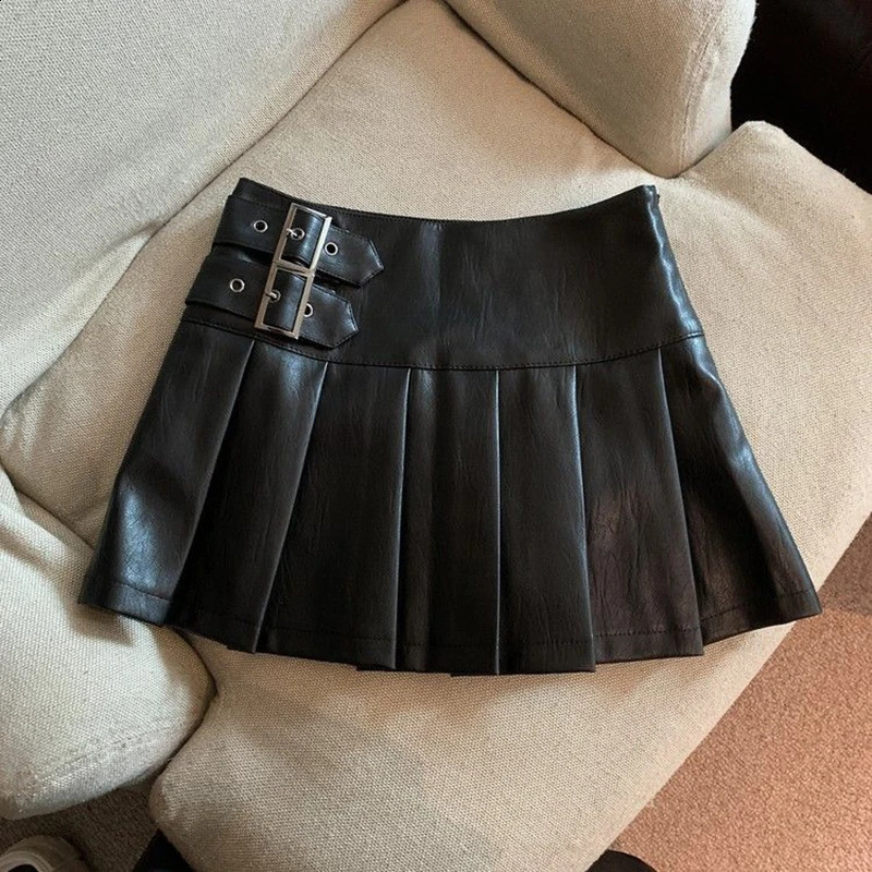 MEXZT S3XL Y2K Pu Leather Mini Skirt Streetwear High Waist Pleated Vintage Korean Black Slim Casual A Line Skirts 250110Z