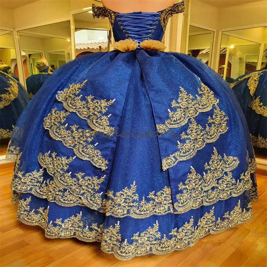 Sixteen Blue Quinceanera Dresses With Gold Appliques Off Shoulders Ball Gown Fifteen Birthday Party Dress Lace Up Cinderalle Vestidos Debutantes Masqu